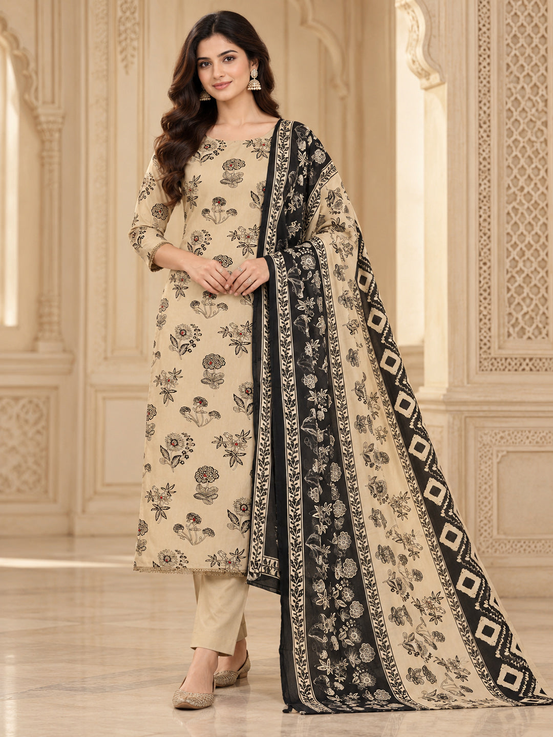 Beige Cotton Blend Printed Unstitched Dress Material
