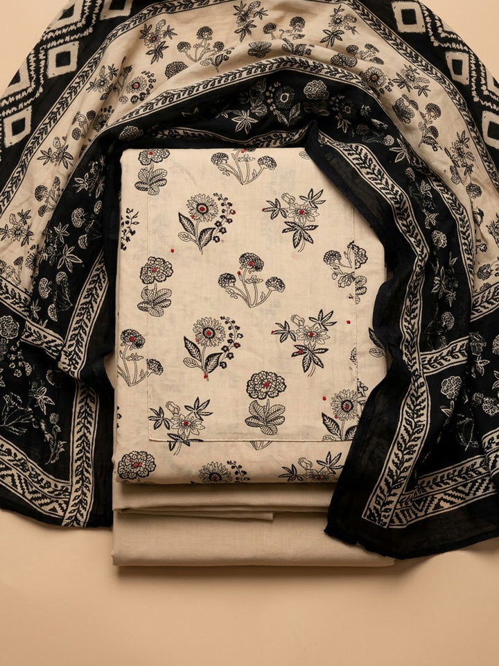 Beige Cotton Blend Printed Unstitched Dress Material