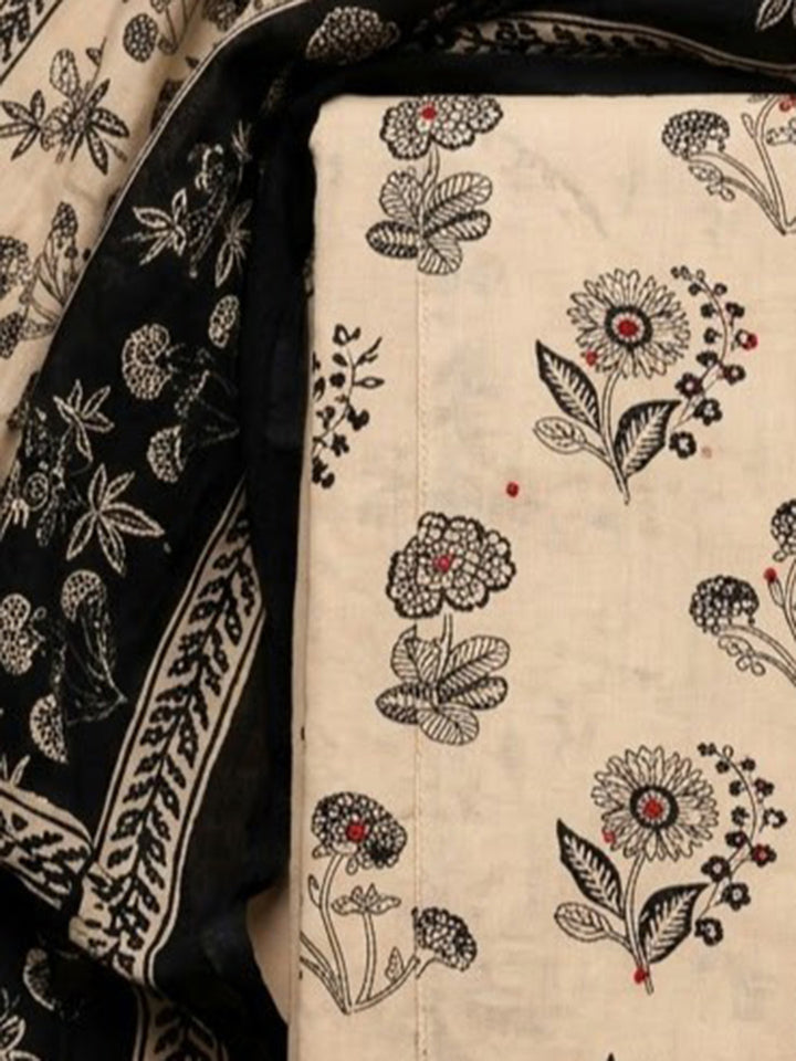 Beige Cotton Blend Printed Unstitched Dress Material