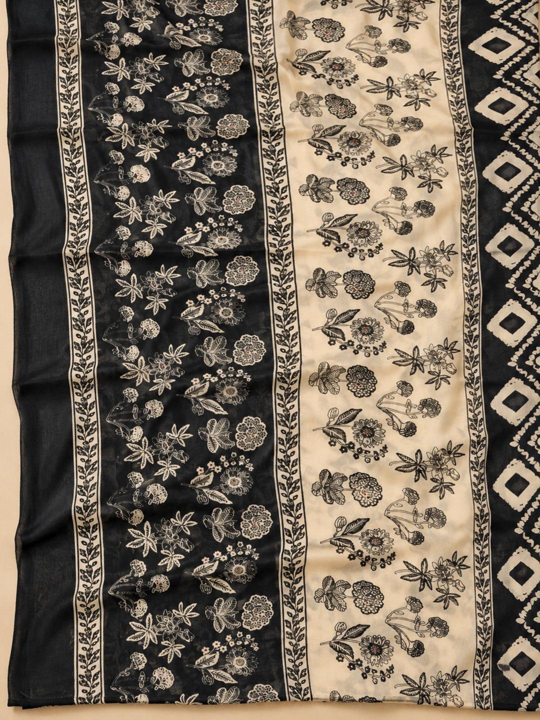 Beige Cotton Blend Printed Unstitched Dress Material