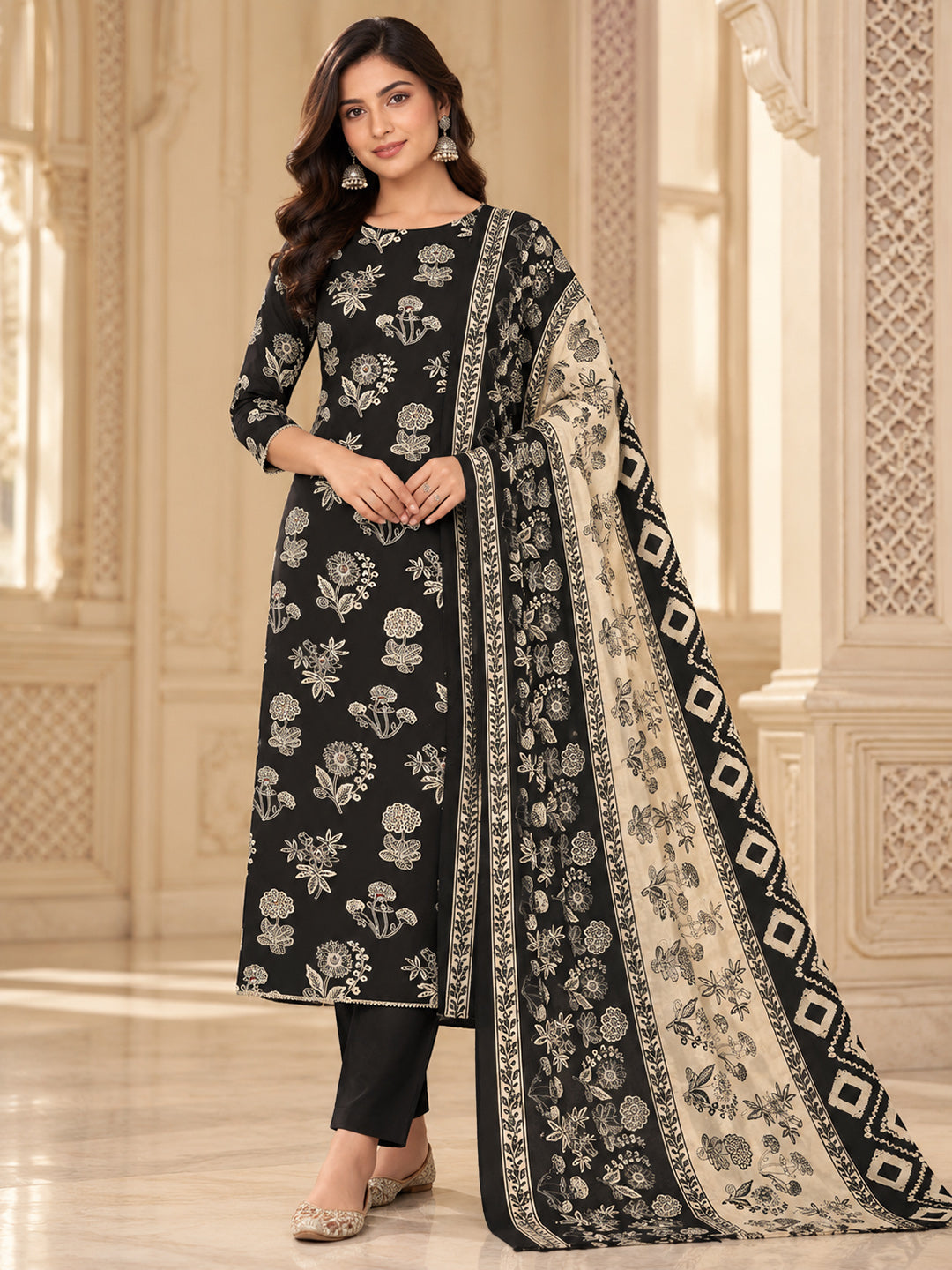 Black Cotton Blend Printed Unstitched Dress Material