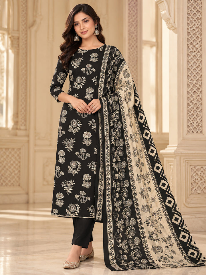Black Cotton Blend Printed Unstitched Dress Material