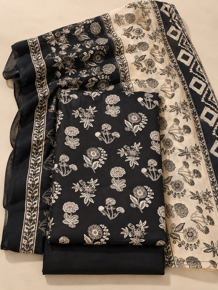 Black Cotton Blend Printed Unstitched Dress Material