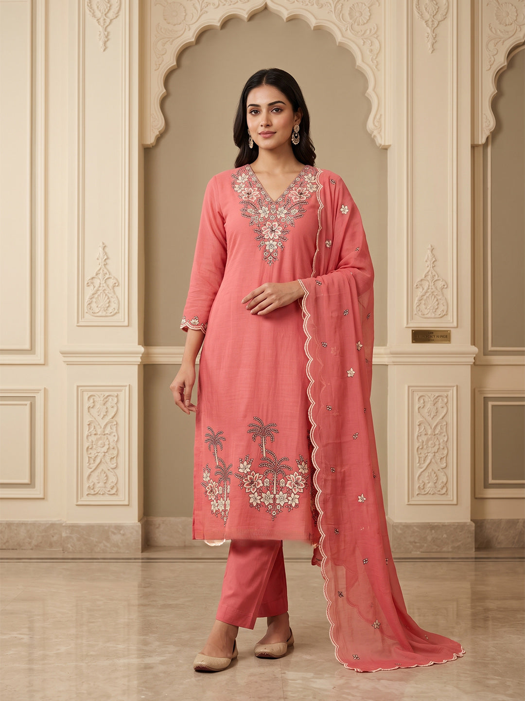 Coral Chanderi Embroidered Unstitched Dress Material