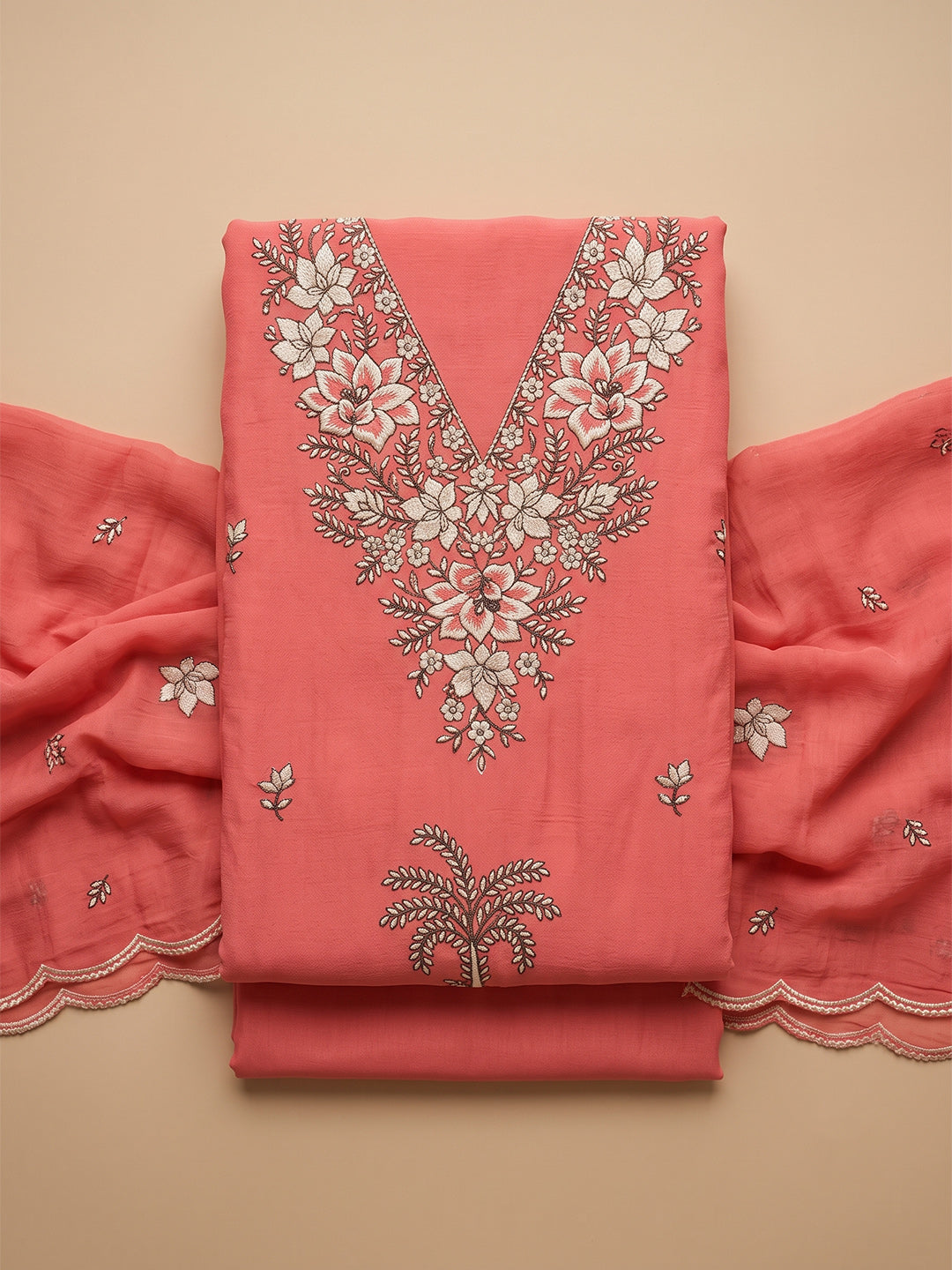 Coral Chanderi Embroidered Unstitched Dress Material