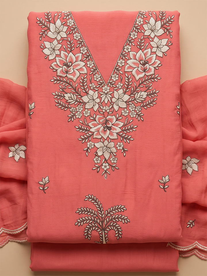 Coral Chanderi Embroidered Unstitched Dress Material