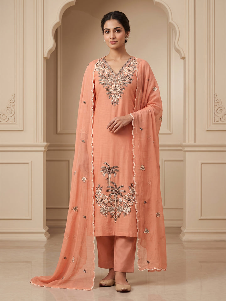 Peach Chanderi Embroidered Unstitched Dress Material