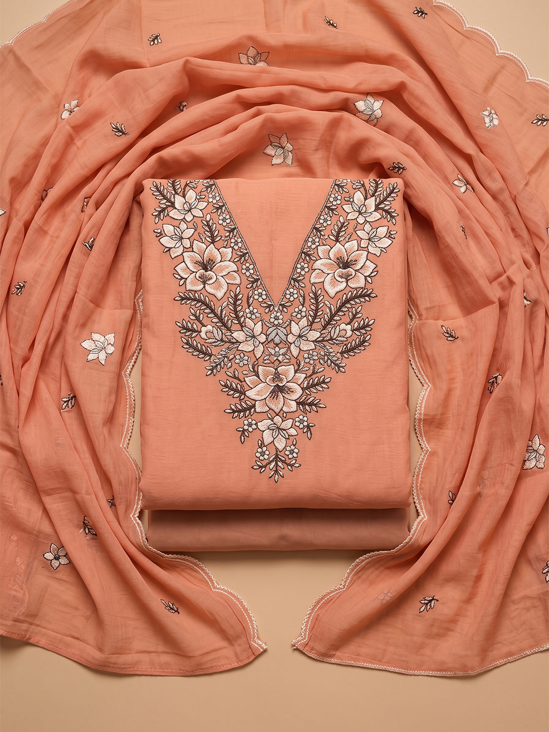 Peach Chanderi Embroidered Unstitched Dress Material