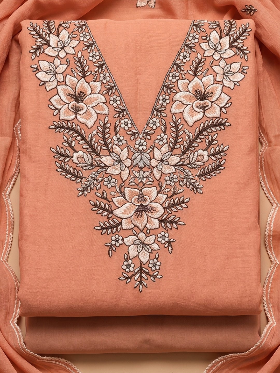 Peach Chanderi Embroidered Unstitched Dress Material