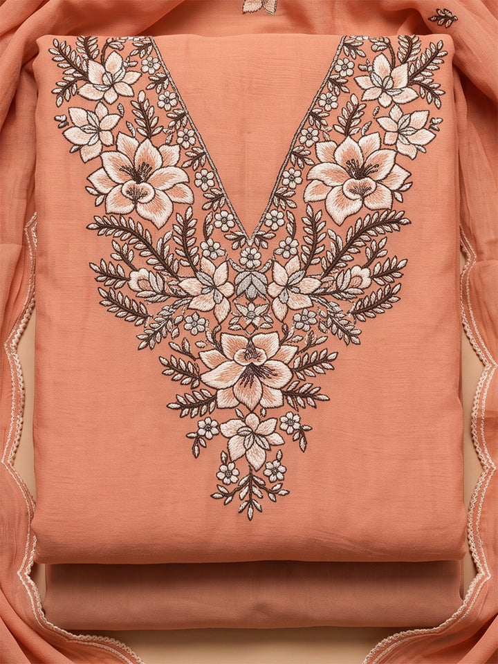 Peach Chanderi Embroidered Unstitched Dress Material