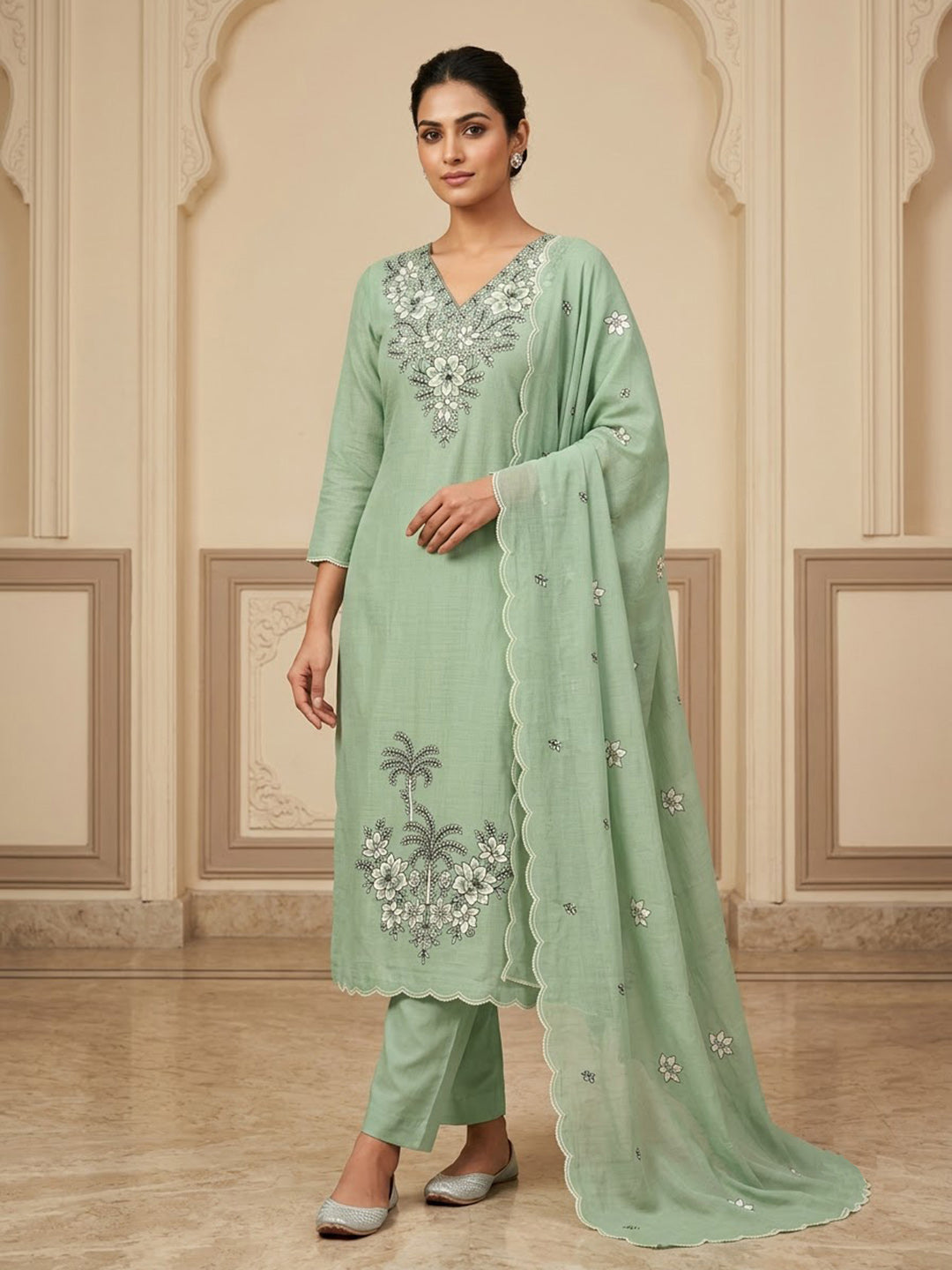 Pista-Green Chanderi Embroidered Unstitched Dress Material