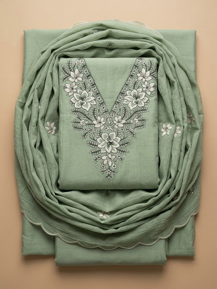 Pista-Green Chanderi Embroidered Unstitched Dress Material