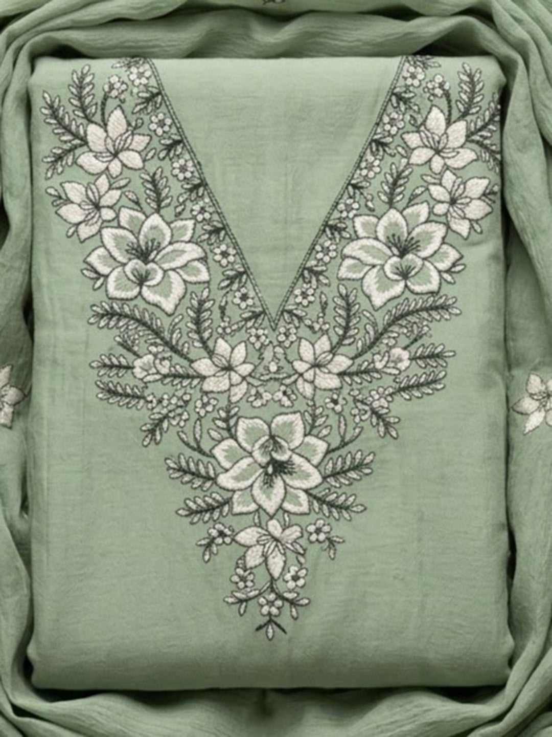 Pista-Green Chanderi Embroidered Unstitched Dress Material
