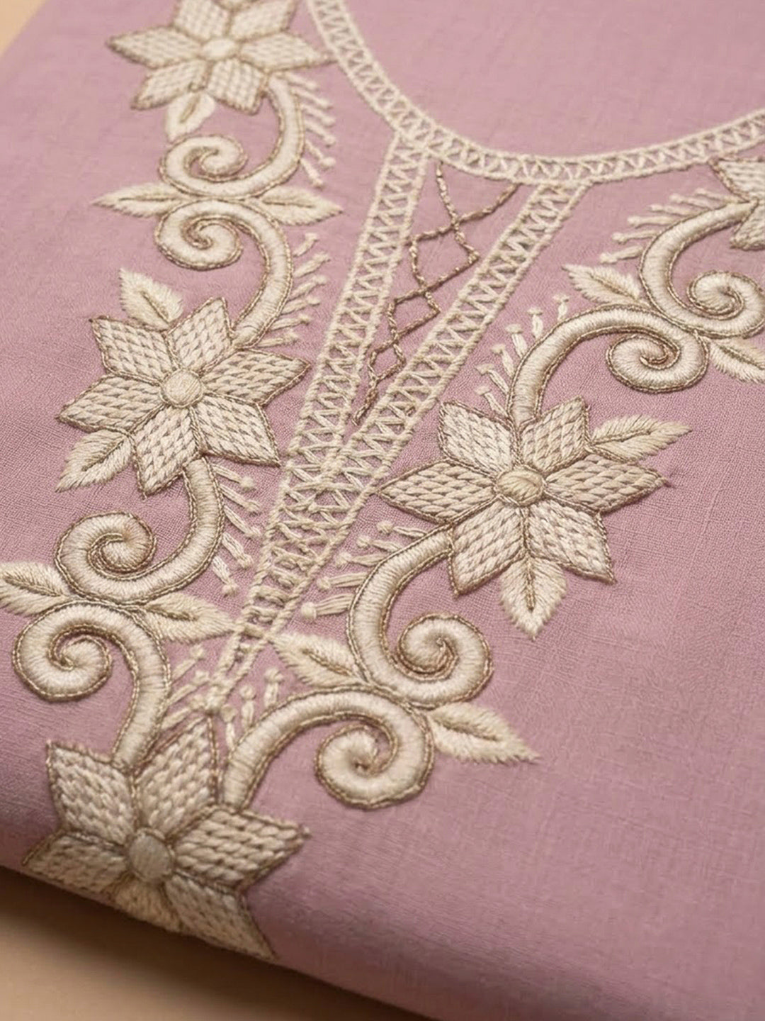 Peach Chanderi Embroidered Unstitched Dress Material