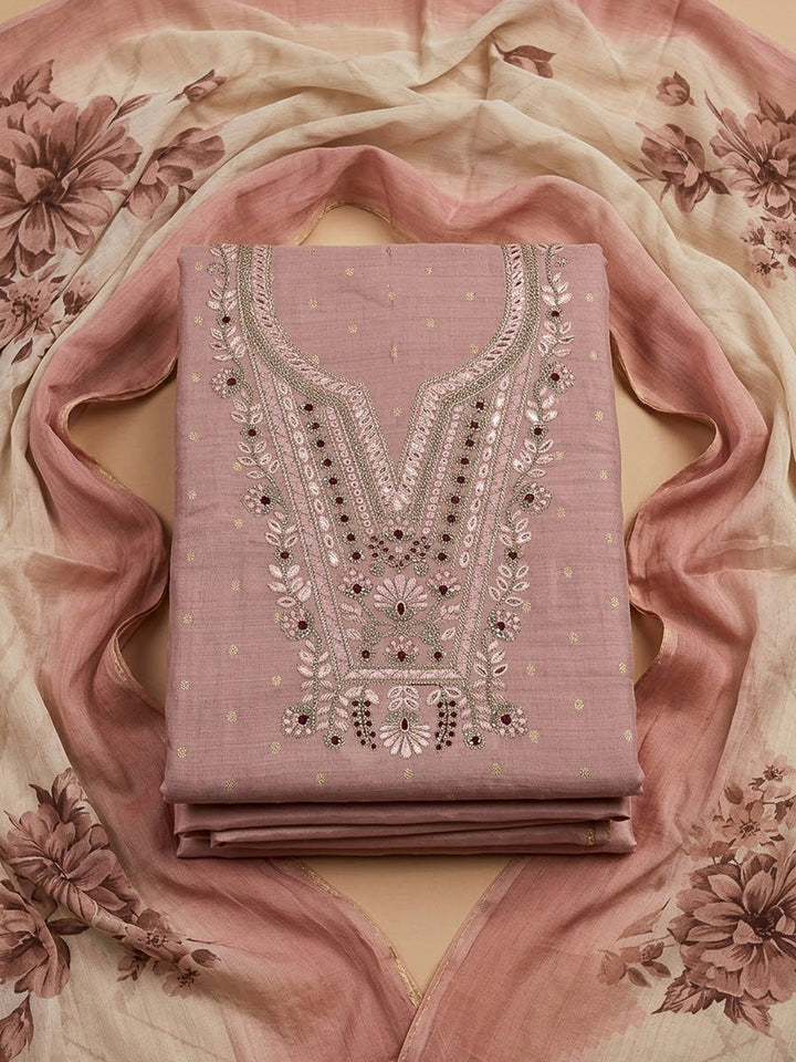 Peach Chanderi Embroidered Unstitched Dress Material