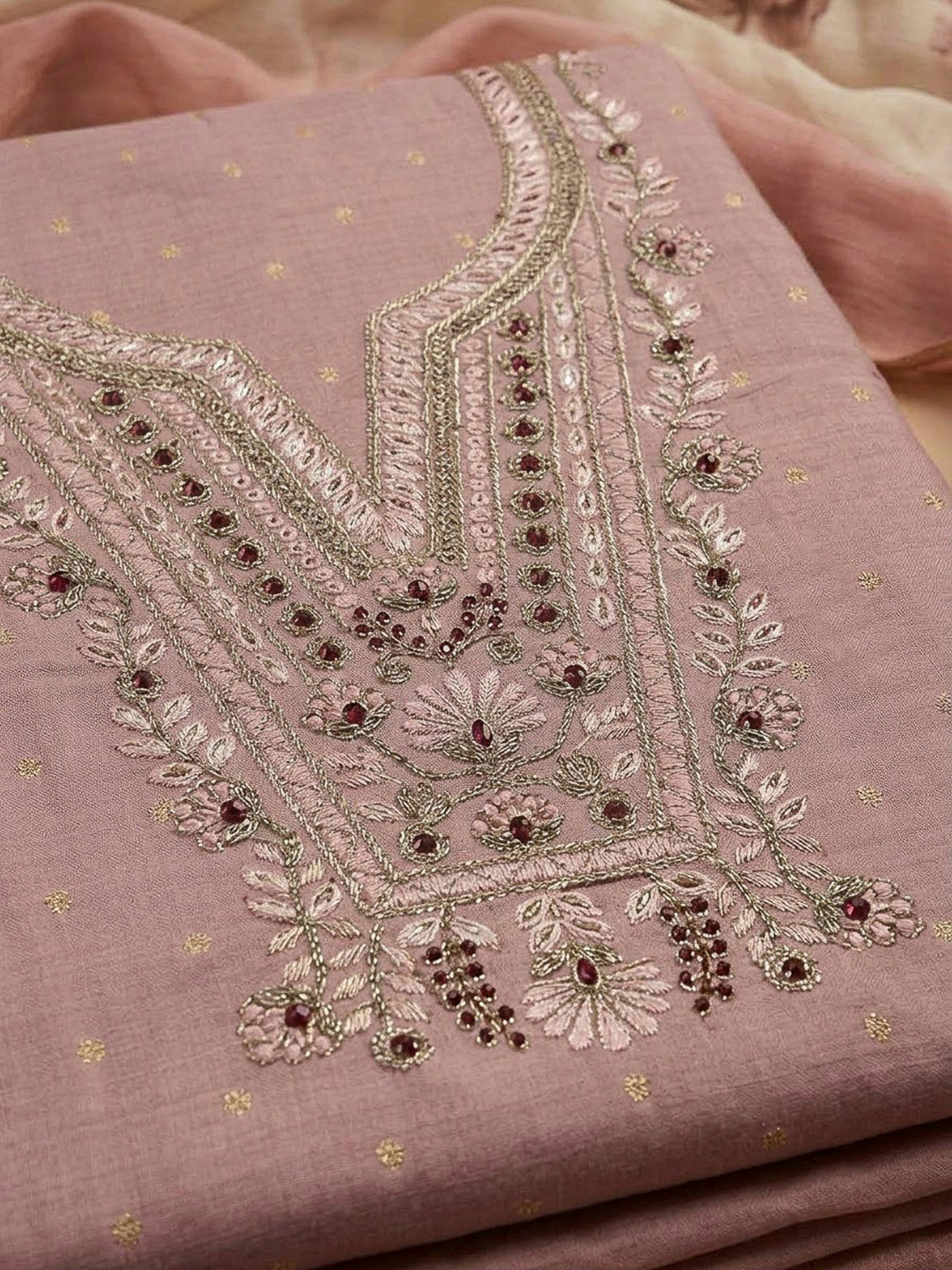 Peach Chanderi Embroidered Unstitched Dress Material