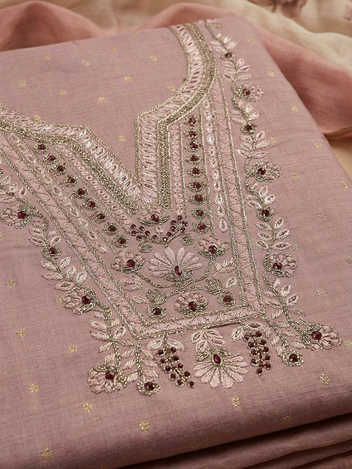 Peach Chanderi Embroidered Unstitched Dress Material