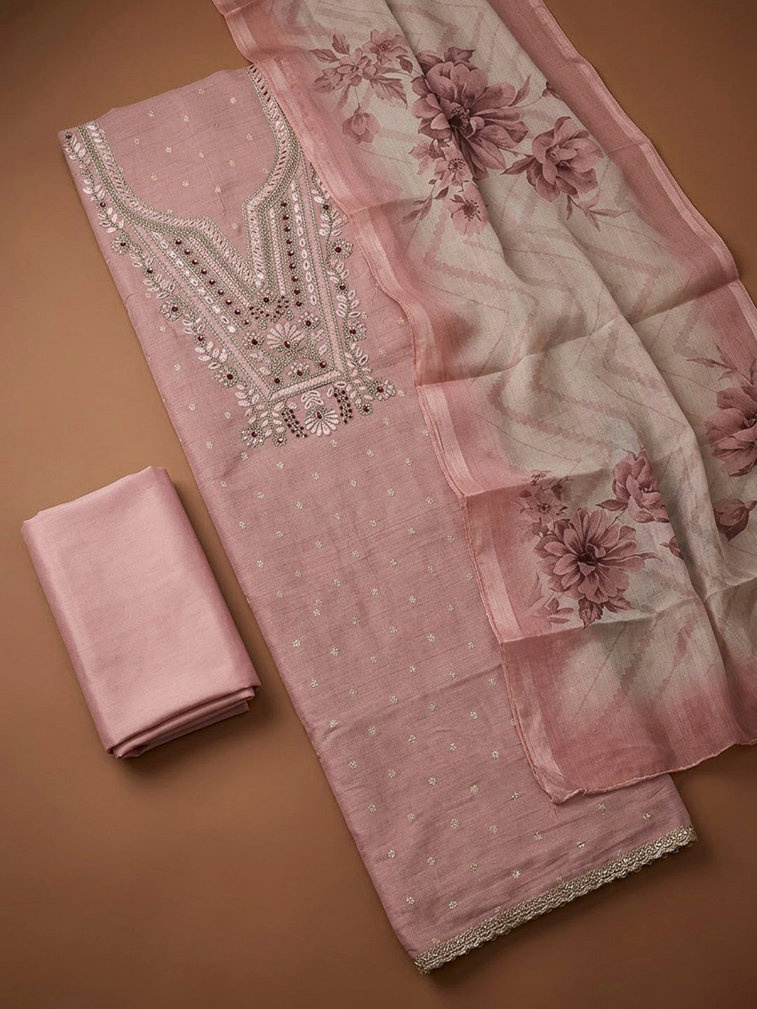 Peach Chanderi Embroidered Unstitched Dress Material