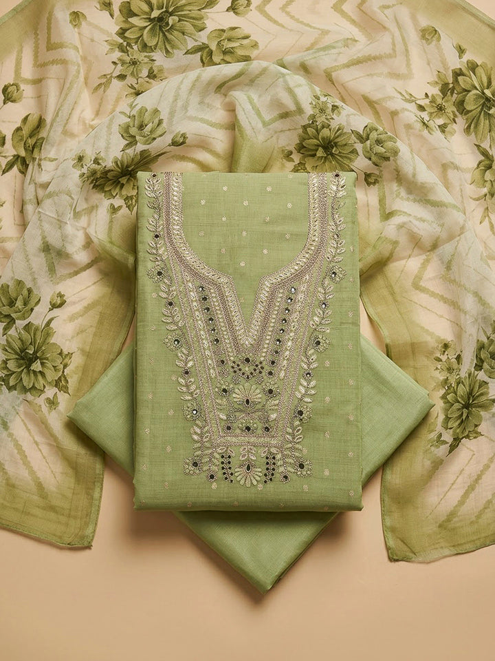 Pista Green Chanderi Embroidered Unstitched Dress Material