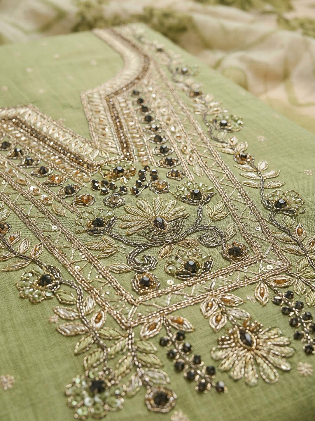 Pista Green Chanderi Embroidered Unstitched Dress Material