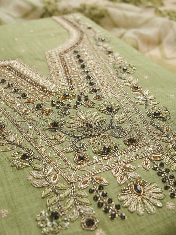 Pista Green Chanderi Embroidered Unstitched Dress Material