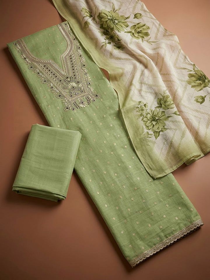 Pista Green Chanderi Embroidered Unstitched Dress Material