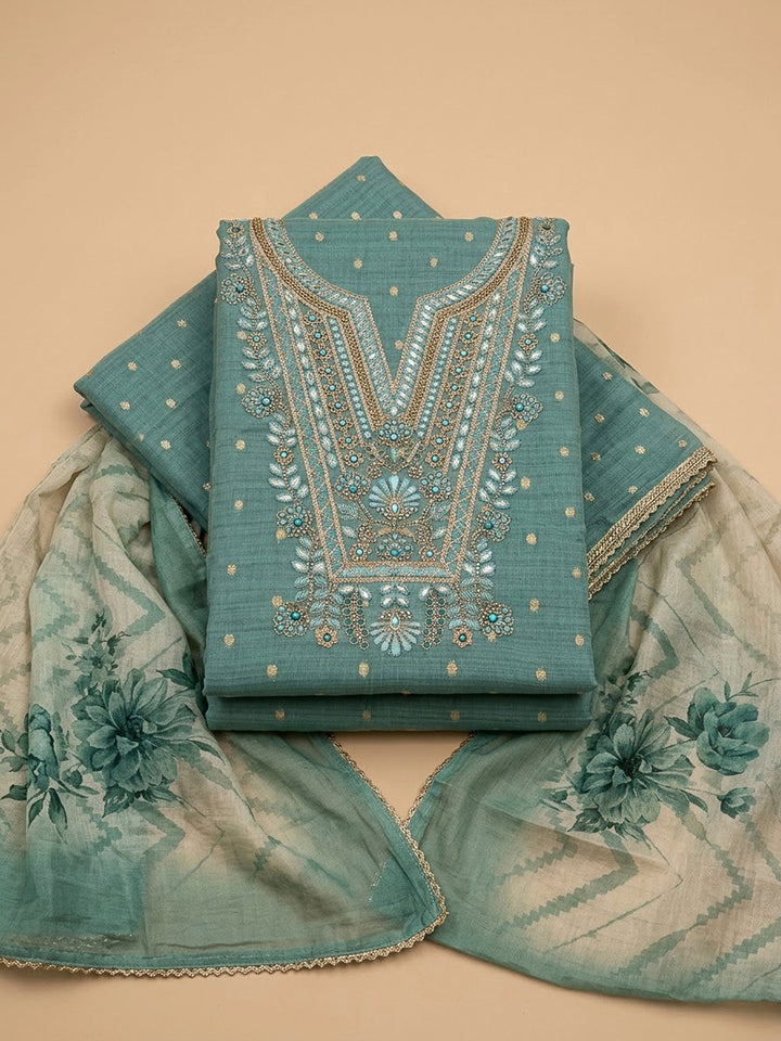 Sea Green Chanderi Embroidered Unstitched Dress Material