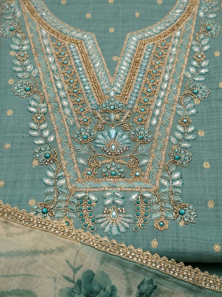 Sea Green Chanderi Embroidered Unstitched Dress Material
