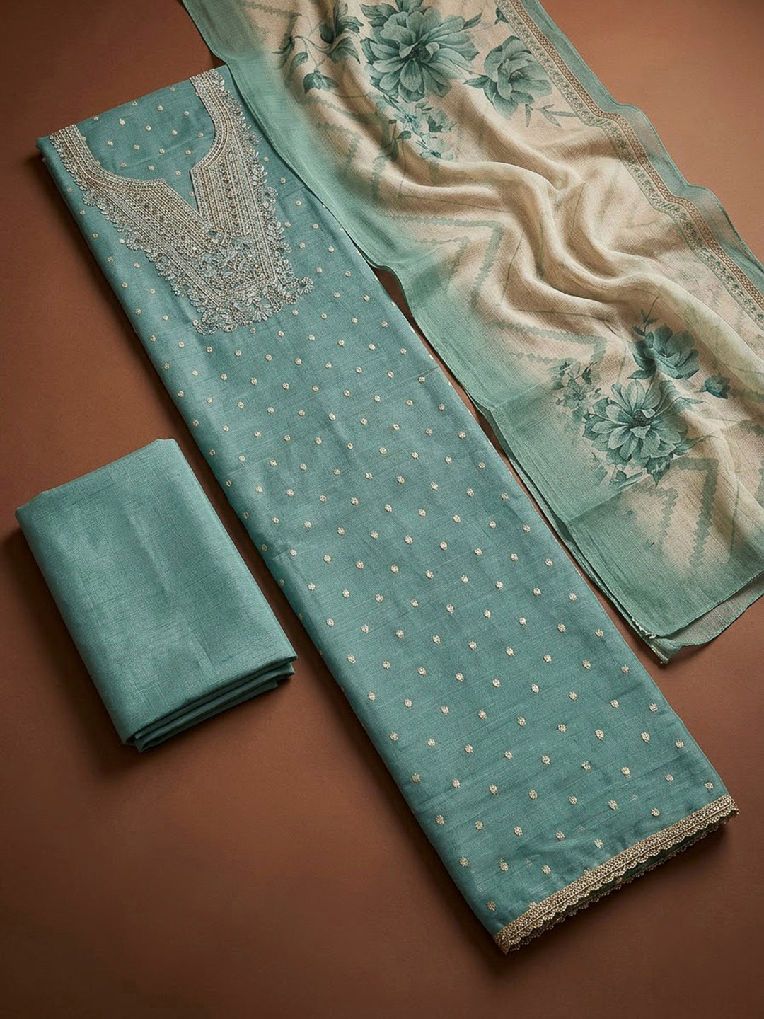 Sea Green Chanderi Embroidered Unstitched Dress Material