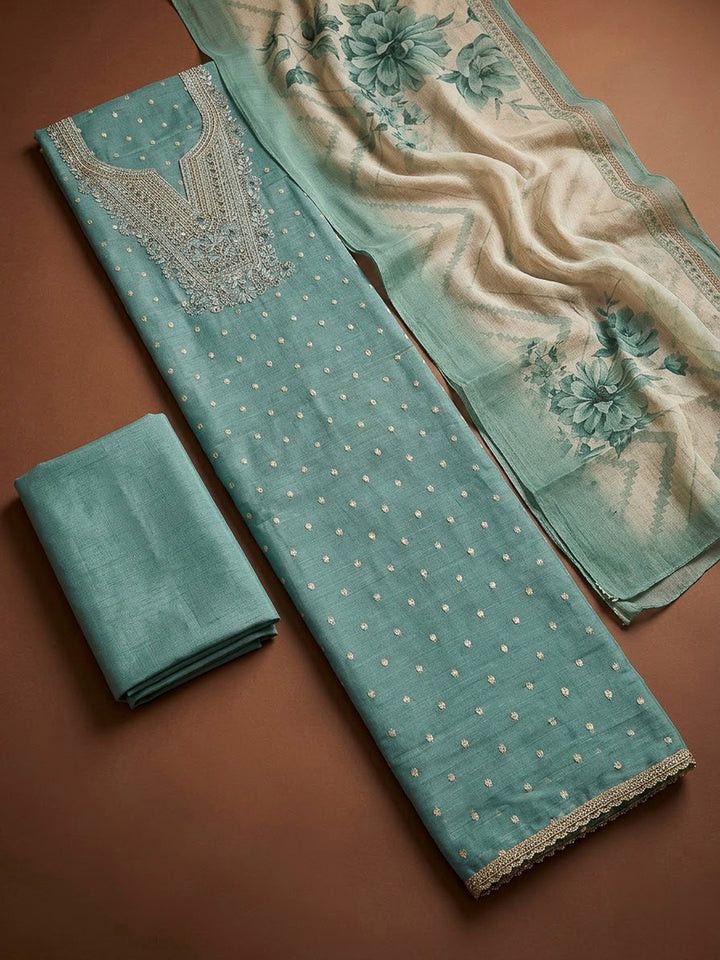 Sea Green Chanderi Embroidered Unstitched Dress Material
