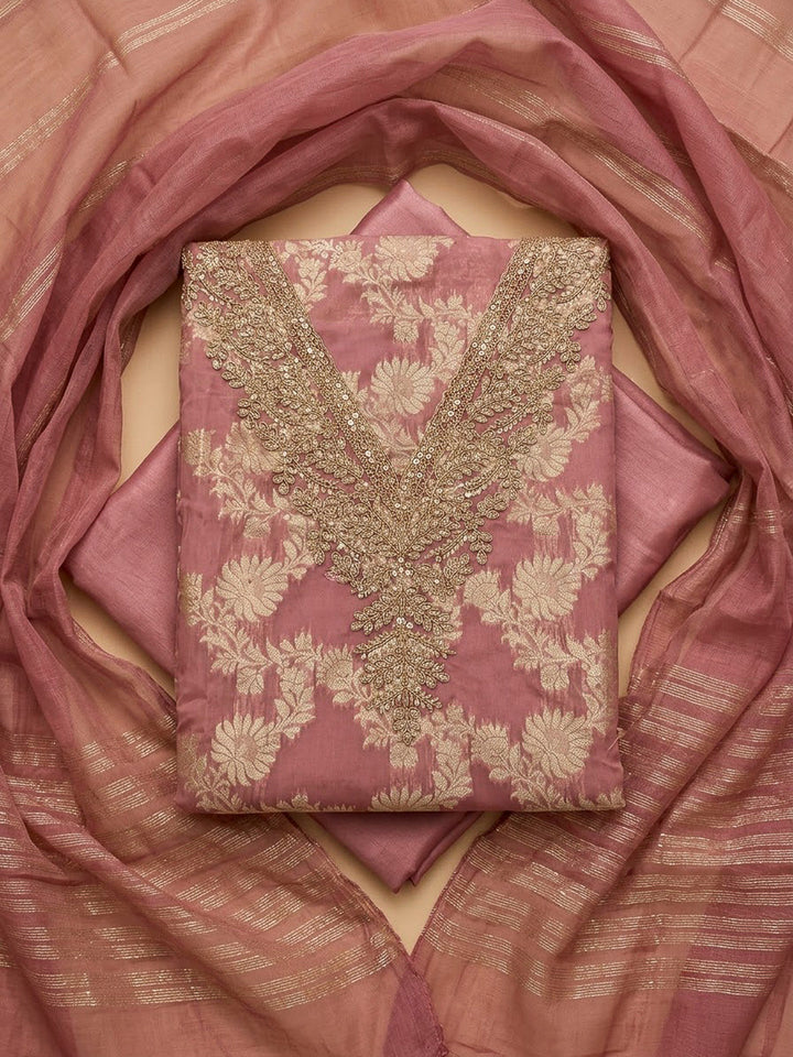 Onion Pink Chanderi Embroidered Unstitched Dress Material