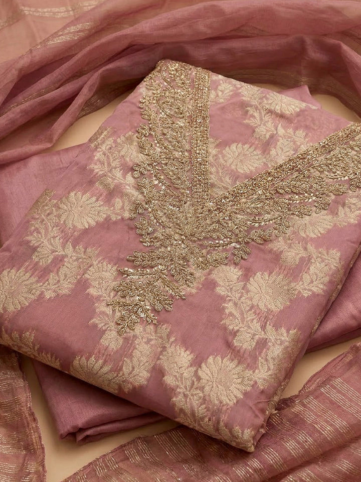 Onion Pink Chanderi Embroidered Unstitched Dress Material