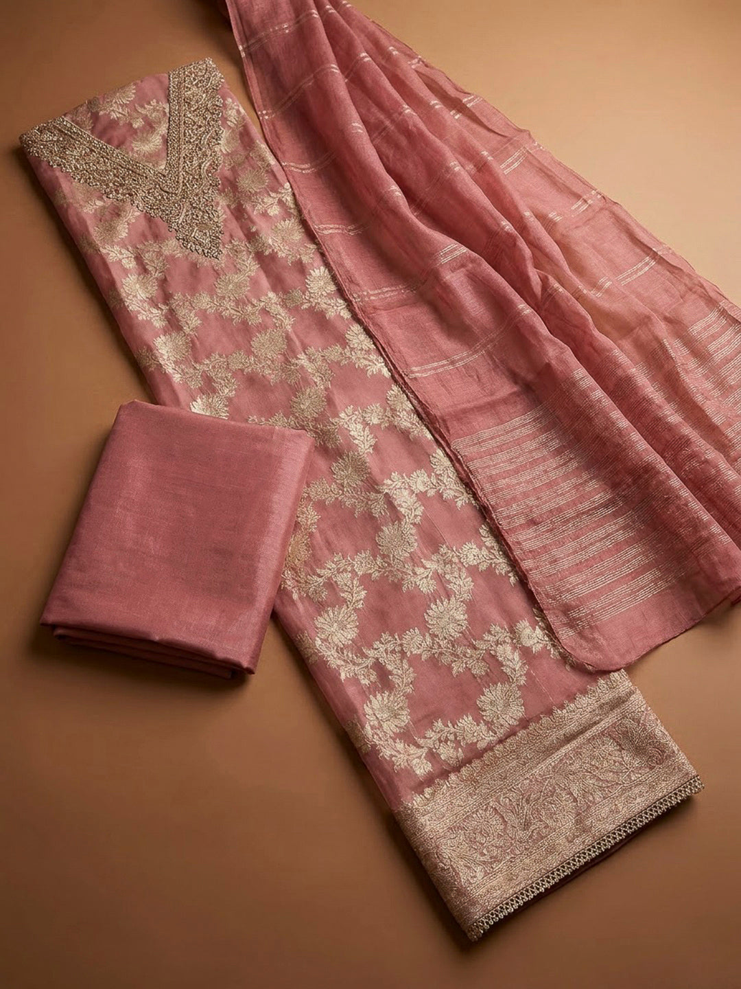Onion Pink Chanderi Embroidered Unstitched Dress Material