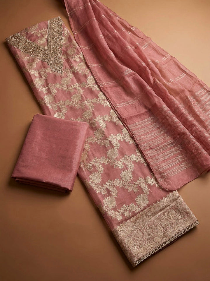 Onion Pink Chanderi Embroidered Unstitched Dress Material
