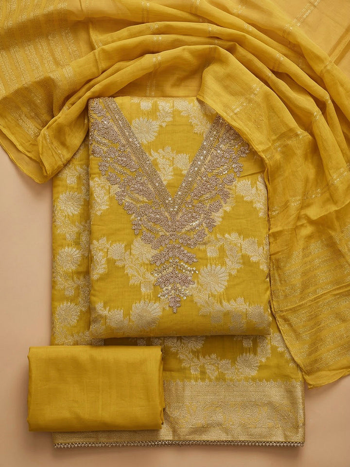 Yellow Chanderi Embroidered Unstitched Dress Material