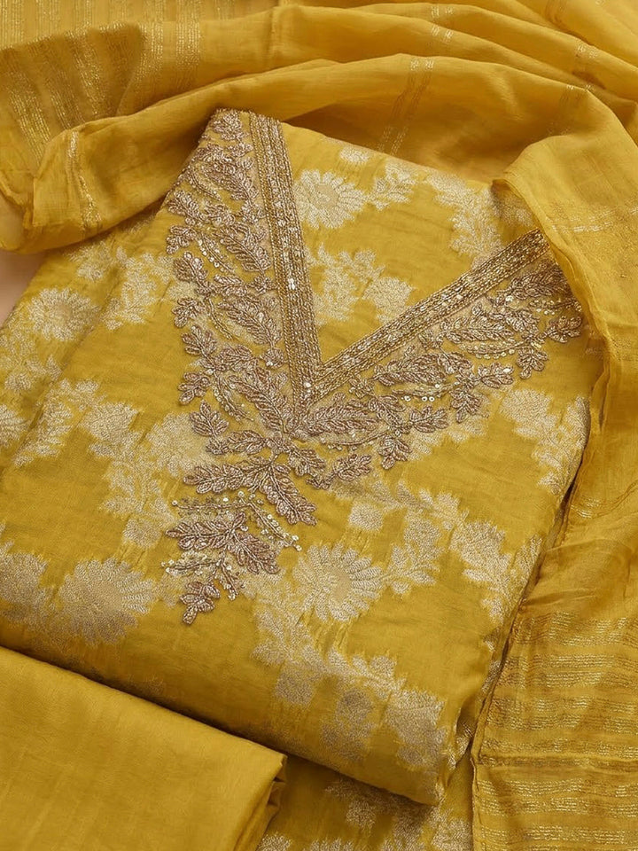 Yellow Chanderi Embroidered Unstitched Dress Material