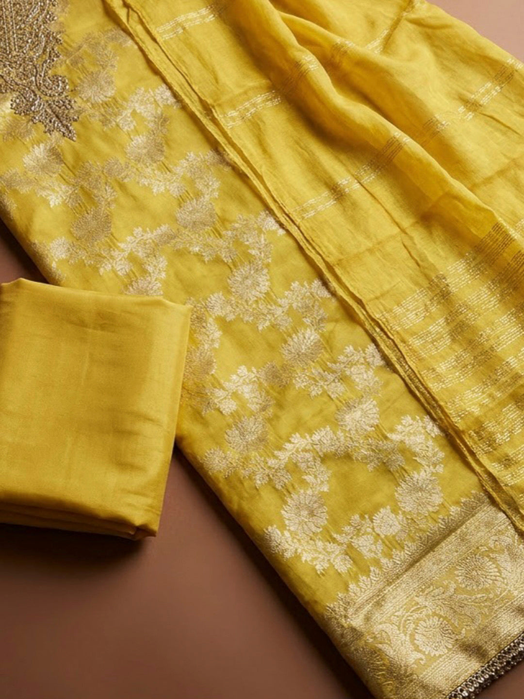Yellow Chanderi Embroidered Unstitched Dress Material