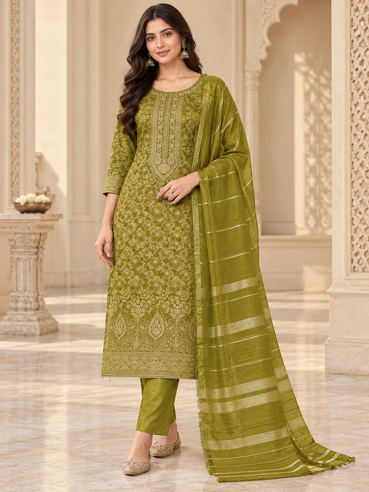 Mehndi Cotton Blend Embroidered Unstitched Dress Material