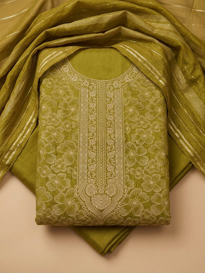 Mehndi Cotton Blend Embroidered Unstitched Dress Material