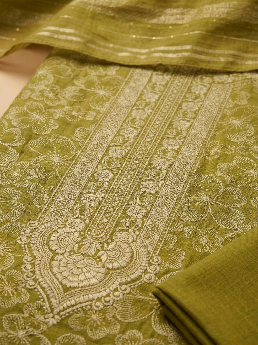 Mehndi Cotton Blend Embroidered Unstitched Dress Material