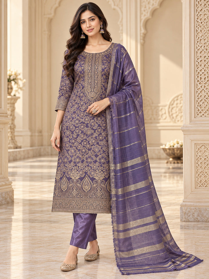 Purple Cotton Blend Embroidered Unstitched Dress Material