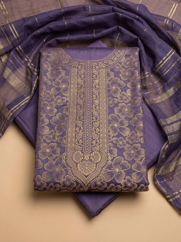 Purple Cotton Blend Embroidered Unstitched Dress Material