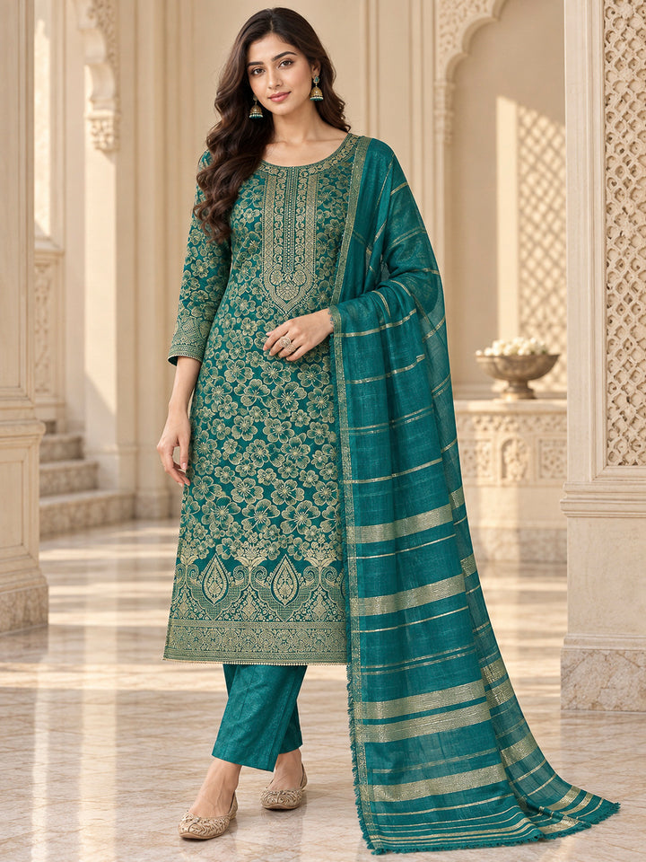 Rama Green Cotton Blend Embroidered Unstitched Dress Material