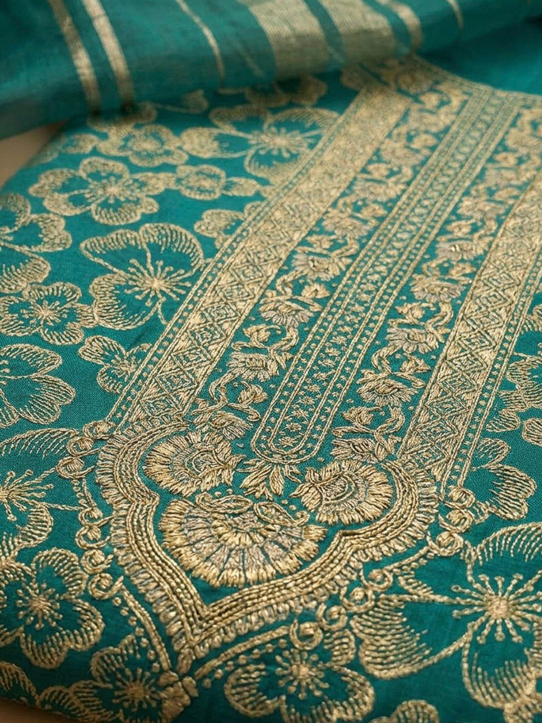 Rama Green Cotton Blend Embroidered Unstitched Dress Material