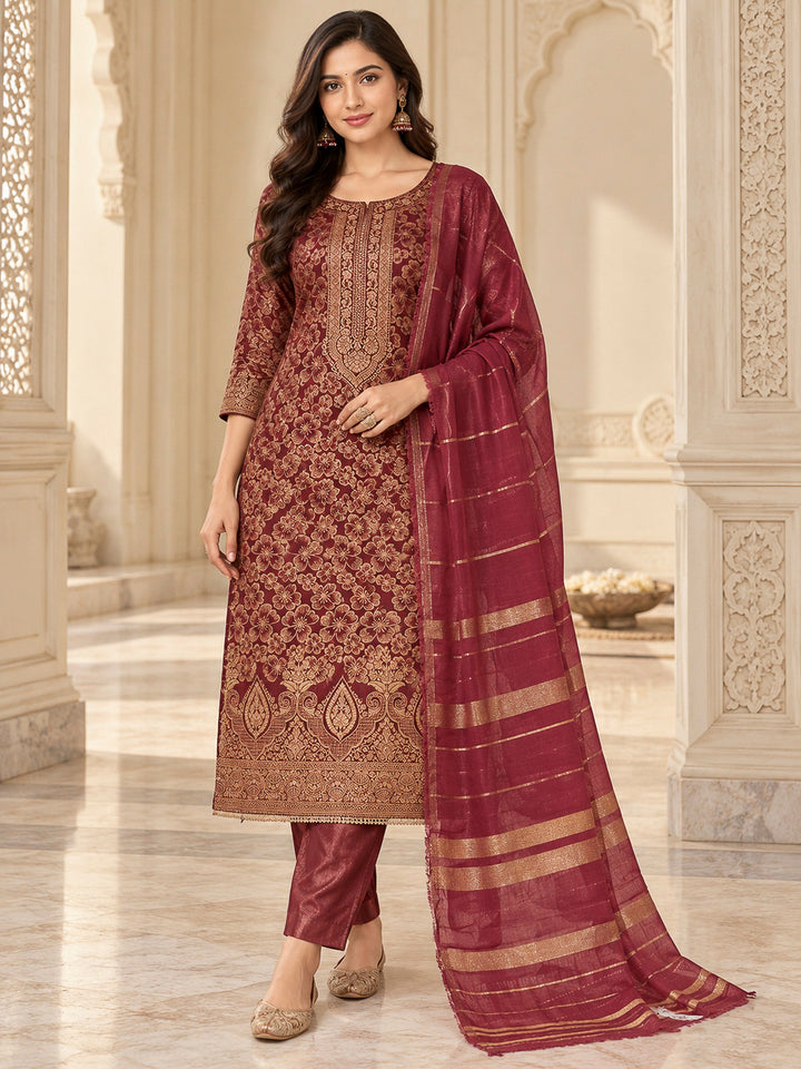 Wine Cotton Blend Embroidered Unstitched Dress Material
