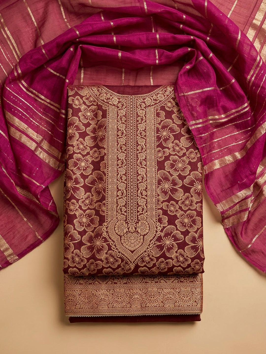 Wine Cotton Blend Embroidered Unstitched Dress Material