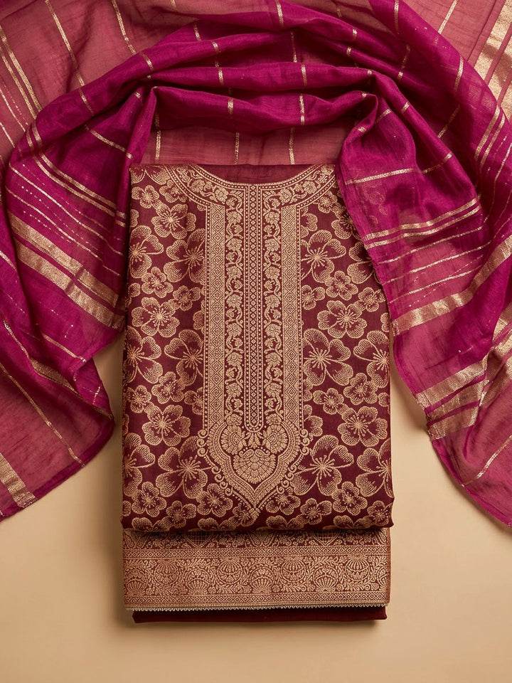 Wine Cotton Blend Embroidered Unstitched Dress Material