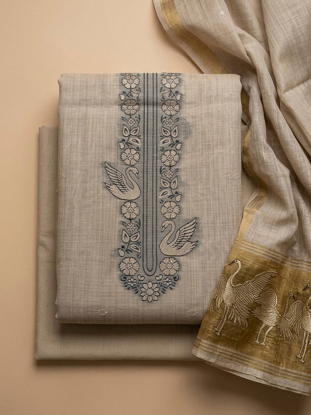 Off White Chanderi Printed Unstitched Dress Material