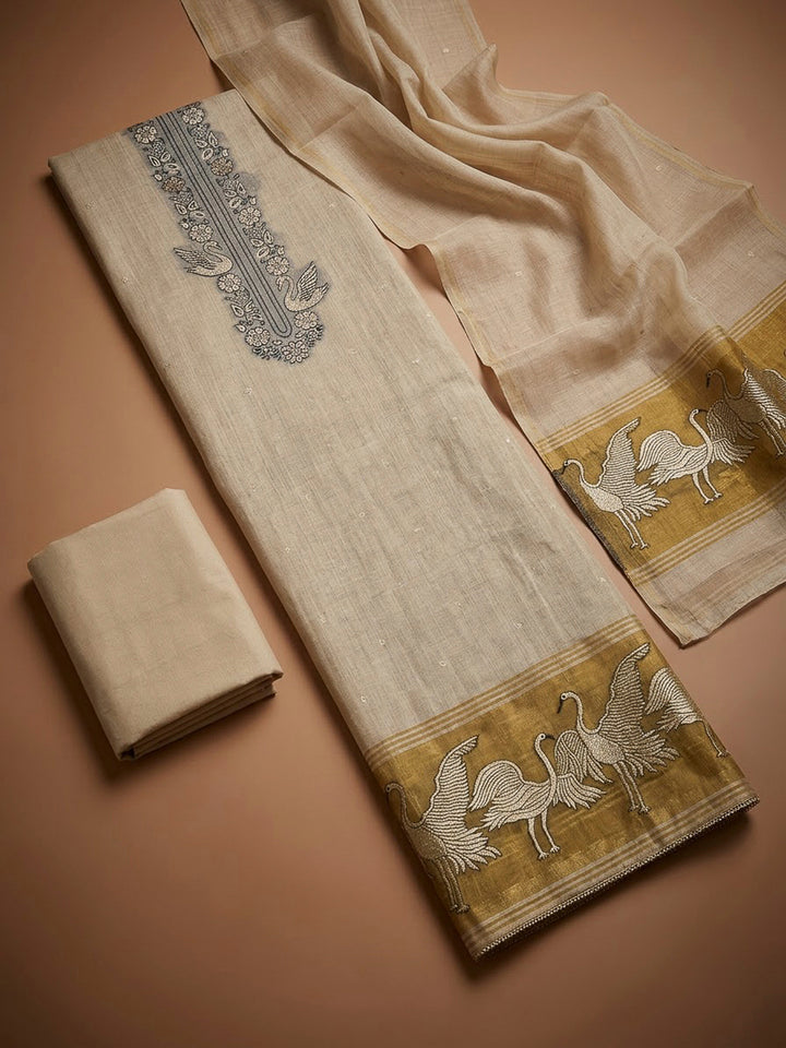 Off White Chanderi Printed Unstitched Dress Material