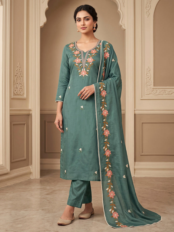 Aqua Green Chanderi Embroidered Unstitched Dress Material